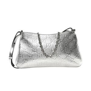 GUCCI Metallic GG Grainy Calfskin Emblem Medium Shoulder Bag Silver NWT